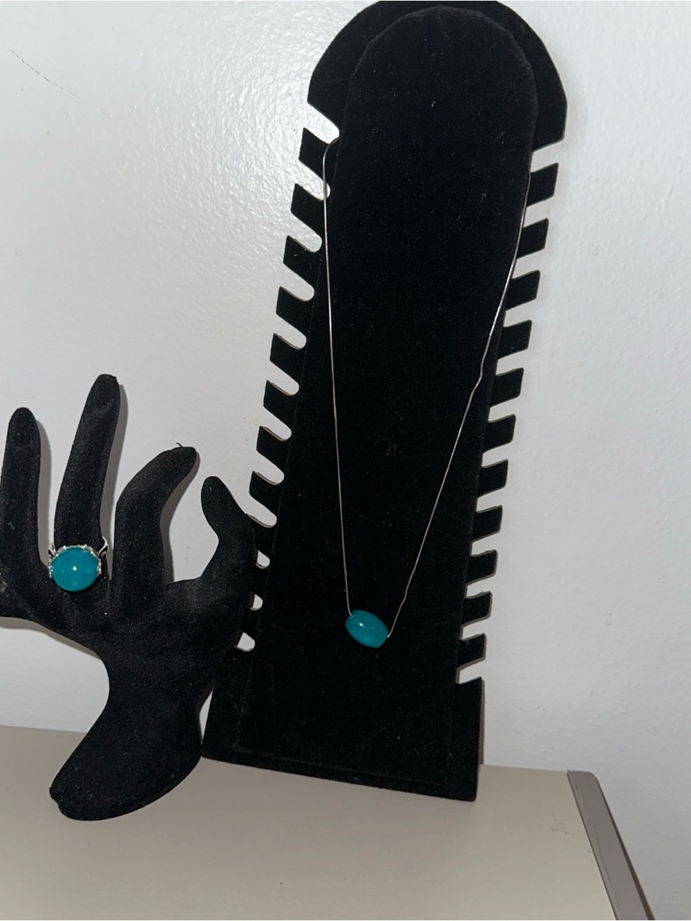 Turquoise Glass Pendant Necklace and Ring Set - Women Jewelry
